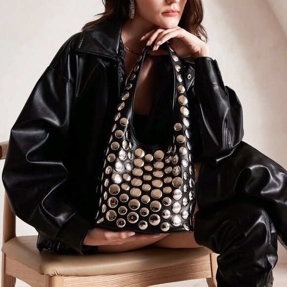 Black Punk Women's Bucket Bag with Metal Studs - Picture 3 of 5